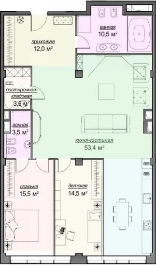 Трёхкомнатная квартира 117.6 м²